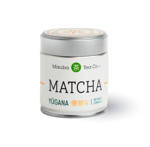 Mizuba Tea Co. YŪGANA Ceremonial Matcha premium Japanese stone-milled green tea powder in silver tin with white label