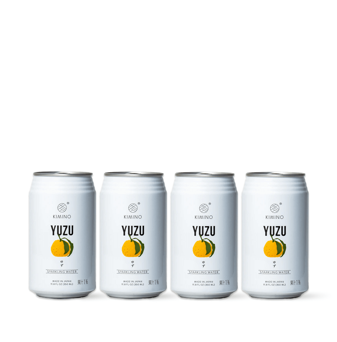 Four cans of Kimino Yuzu Sparkling Water, showcasing the refreshing unsweetened beverage made with Japanese Yuzu and mountain spring water.