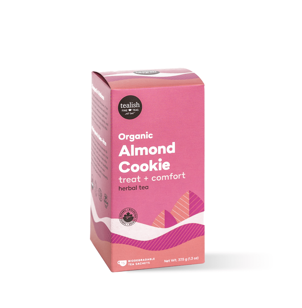 Organic Almond Cookie tea with apple, almond, and cinnamon—sweet, smooth, and comforting with a pink hue; perfect as a cozy cup or a creamy latte treat.