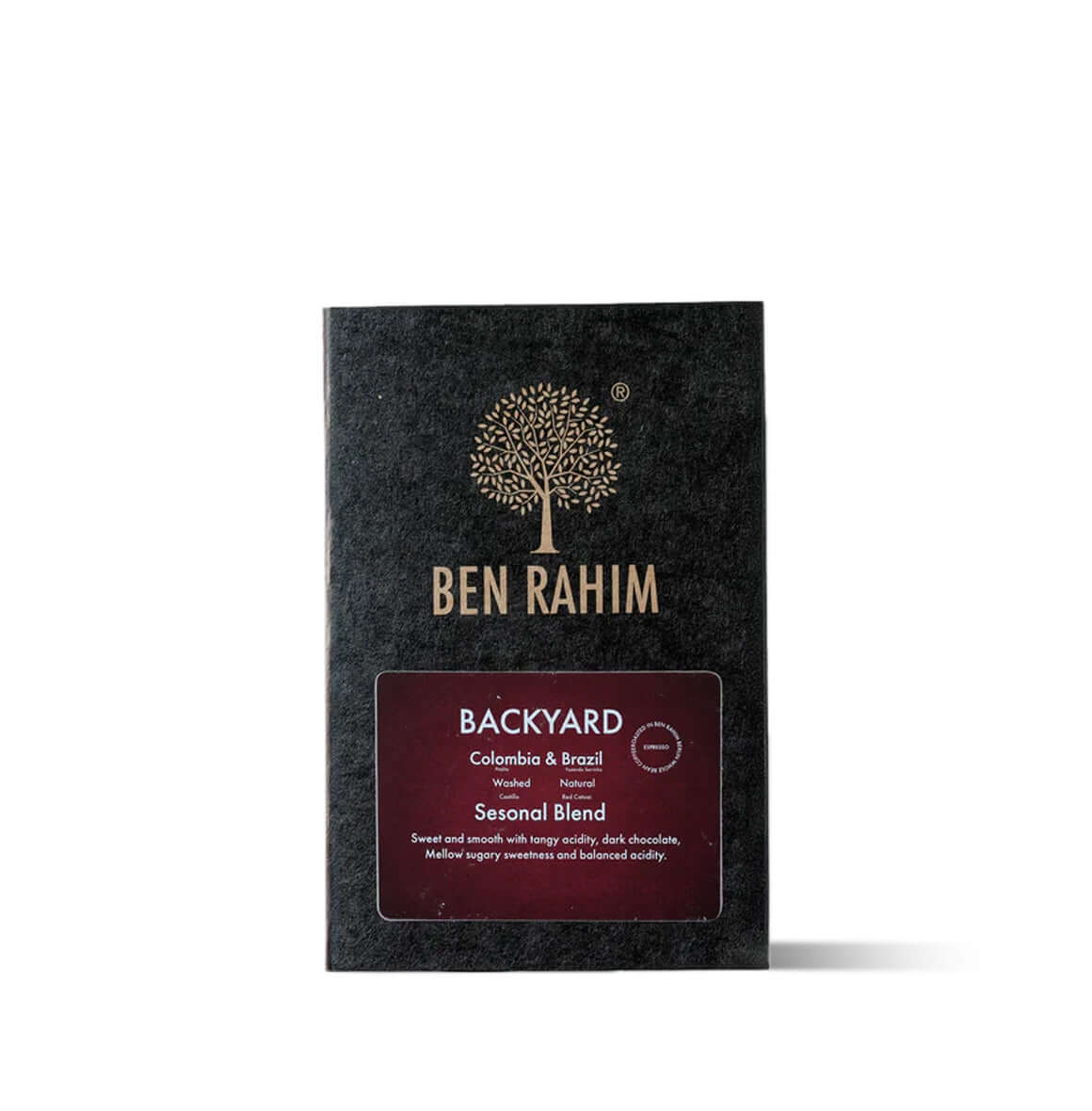 Ben Rahim Backyard Blend coffee bag featuring a smooth house espresso roast perfect for cappuccinos.