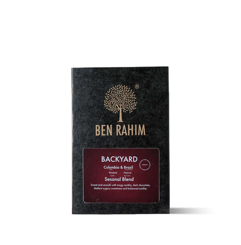 Ben Rahim Backyard Blend coffee bag featuring a smooth house espresso roast perfect for cappuccinos.
