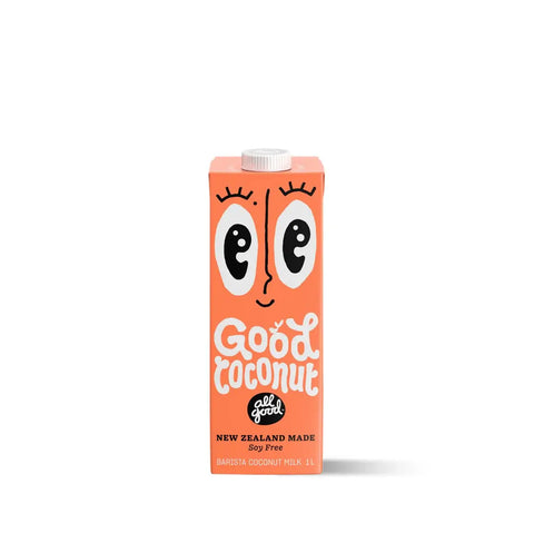 All Good Barista Coconut Milk – smooth, rich milk for latte art and coffee. Smooth, rich coconut milk that steams perfectly for latte art. Made in New Zealand for baristas and coffee lovers.