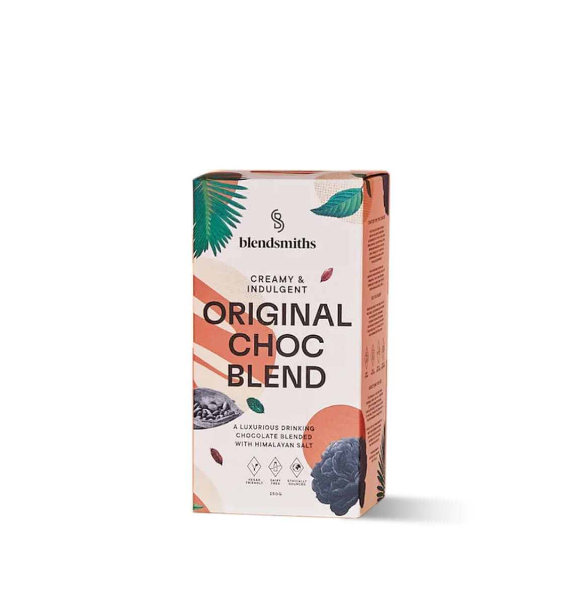 Blendsmiths Original Choc Blend packaging, featuring a creamy and indulgent drinking chocolate blended with Himalayan salt. The 250g box design incorporates warm earthy tones with abstract patterns and botanical elements, highlighting key attributes such 