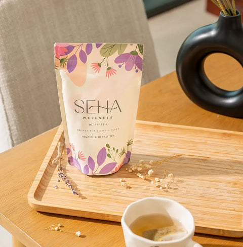 SEHA Wellness Bliss-Tea with Chamomile, Lavender, Tulsi, and Rose Petals for restful sleep and relaxation.