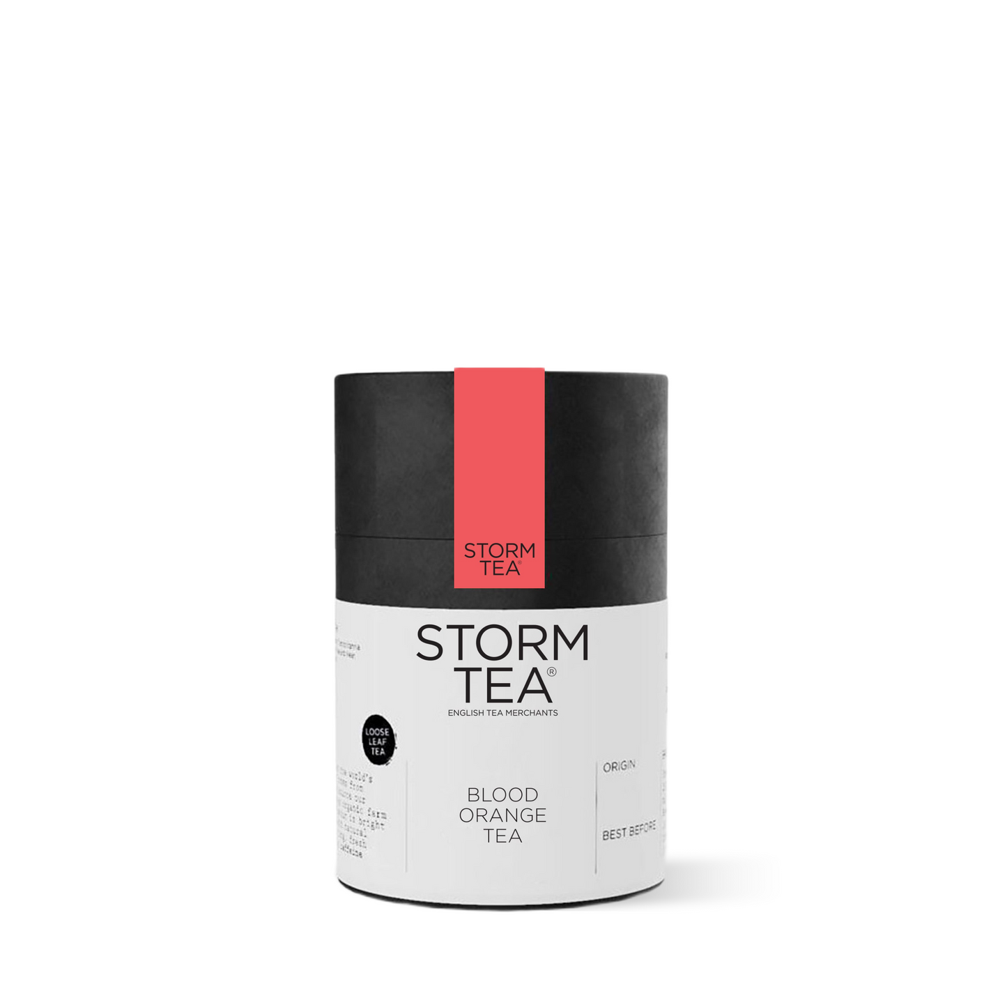 Blood Orange Tea in a sleek black and white cylindrical package, perfect for making refreshing iced tea cocktails.