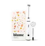 Blume's custom 3-speed Milk Frother. This frother includes two detachable whisk heads and a USB charging cable. Makes dreamy, cloud-like micro-foam