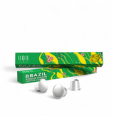 Brazil - Coffee Capsules with vibrant packaging and premium capsules on display