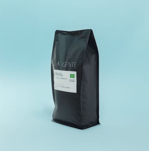 Brazil Natural Fazenda IP coffee bag featuring rich flavors of chocolate and caramel.