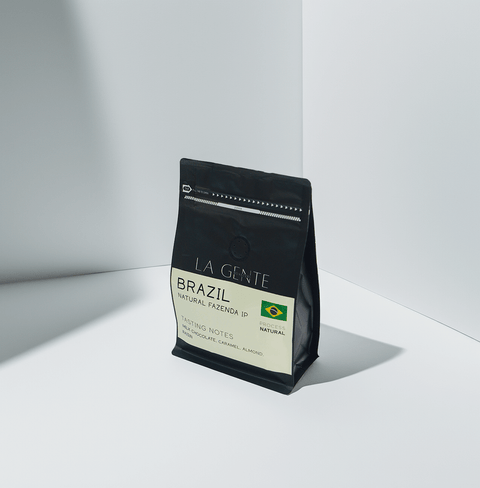 Brazil Natural Fazenda IP coffee bag showcasing rich flavors and tasting notes.
