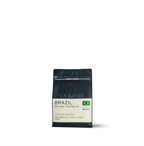 Brazil Natural Fazenda IP coffee package featuring tasting notes of milk chocolate, caramel, almond, and raisin.