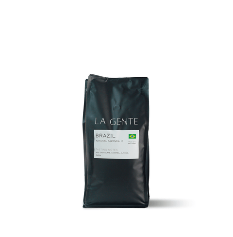 Brazil Natural Fazenda IP coffee bag showcasing rich flavors of chocolate and caramel.