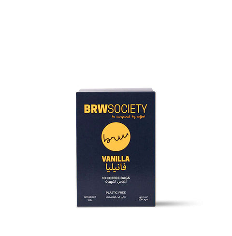 BRW Society's convenient coffee bags with 100% ground Arabica, blended with vanilla and roasted almond notes for a sweet flavor.
