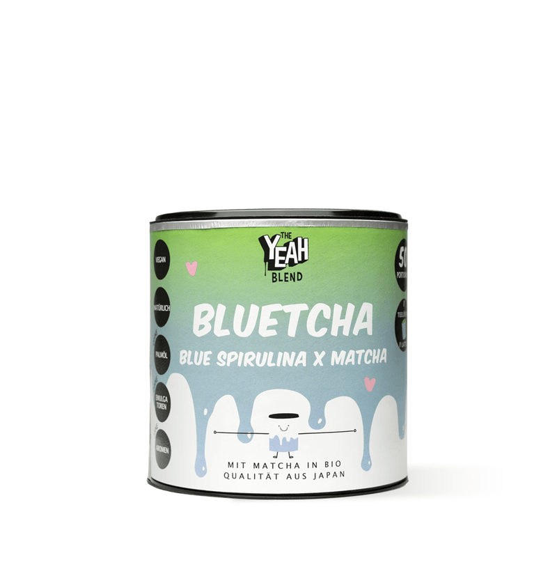 Bluetcha Blue Matcha Latte with vibrant blue spirulina and organic matcha—immune-boosting, detoxifying, and an eye-catching, Instagram-worthy superfood drink.