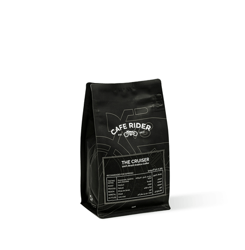 Cafe Rider Roastery's bold Cruiser espresso from Minas de Gerais with muscovado, hazelnut, and dark chocolate flavors, full-bodied brew.