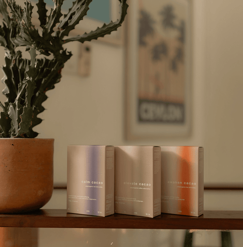 Hummble Calm Cacao, a soothing adaptogenic hot chocolate with chamomile, passionflower, and ocean magnesium, designed to promote relaxation, ease stress, and support restful sleep.