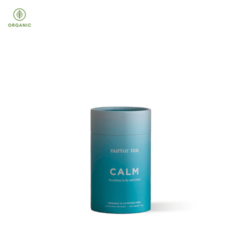 Calm Tea container showcasing soothing herbal blend for relaxation and anxiety relief.