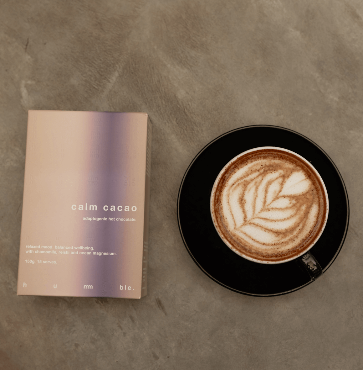 Hummble Calm Cacao, a soothing adaptogenic hot chocolate with chamomile, passionflower, and ocean magnesium, designed to promote relaxation, ease stress, and support restful sleep.