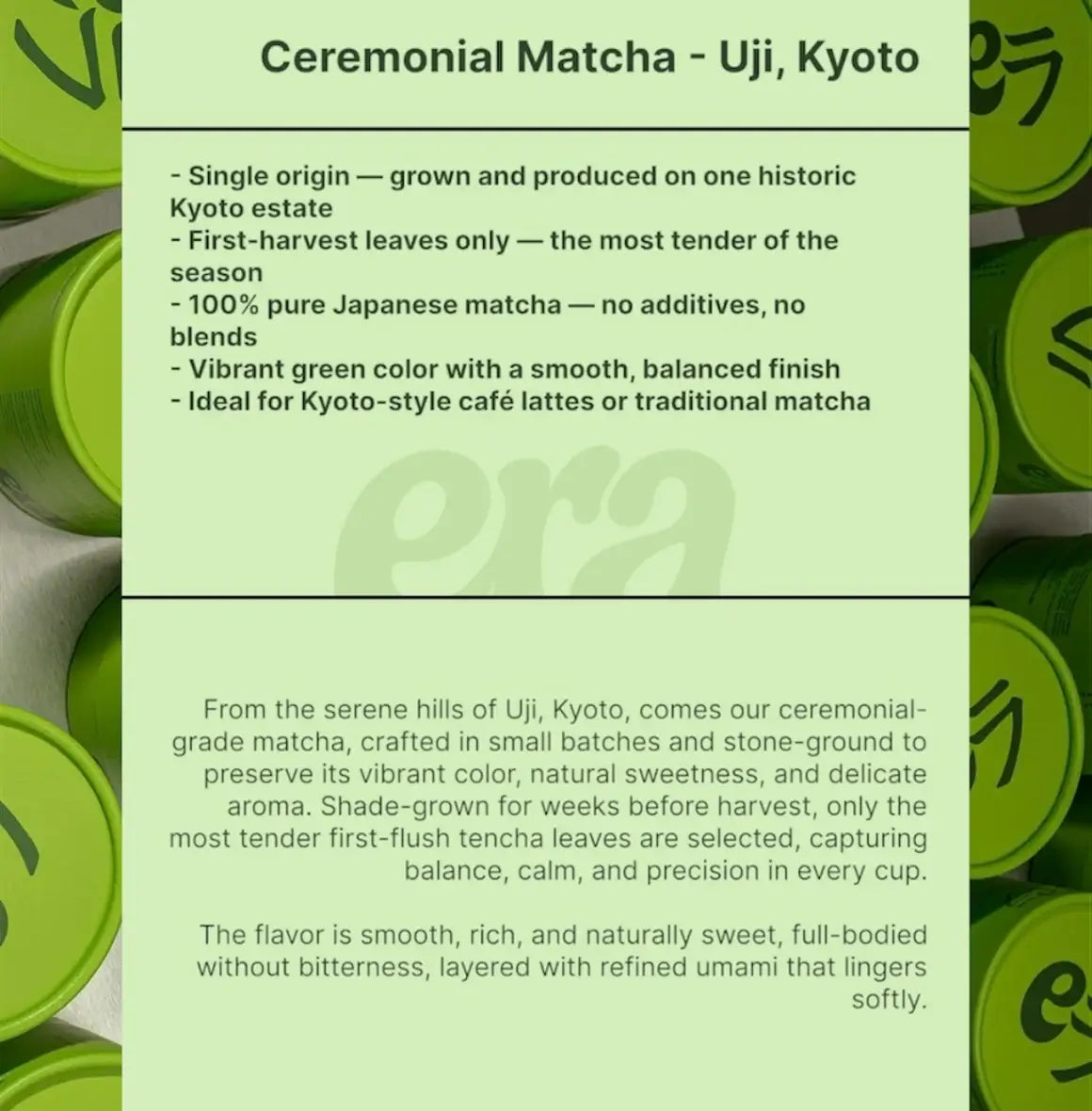 Ceremonial matcha product description with green packaging in the background