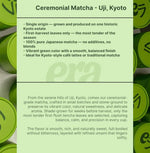Ceremonial matcha product description with green packaging in the background