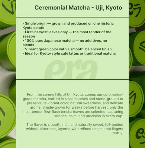 Ceremonial matcha product description with green packaging in the background