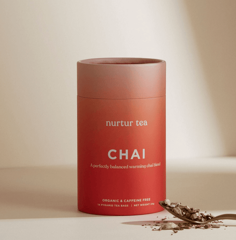 Nurtur Tea Chai Tea is a caffeine-free blend of rooibos and warming spices like cinnamon, ginger, and cloves, crafted to support digestion, immunity, and overall wellness.