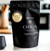 Chaga Chai Tea packaging showcasing 100% raw, wild-harvested Siberian Chaga superfood powder.