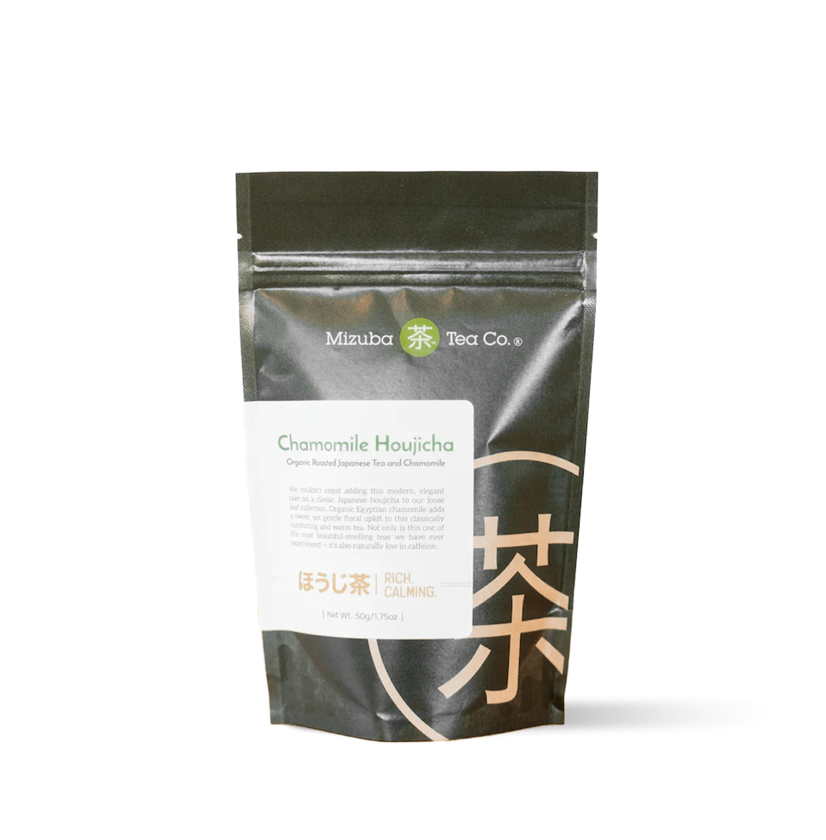 Chamomile Hojicha tea packaging from Mizuba Tea Co., featuring elegant design and organic ingredients.