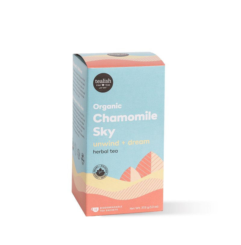 Organic Chamomile Sky with chamomile, apple, citrus, and turmeric—soothing and calming, perfect for unwinding and melting away the stresses of the day.