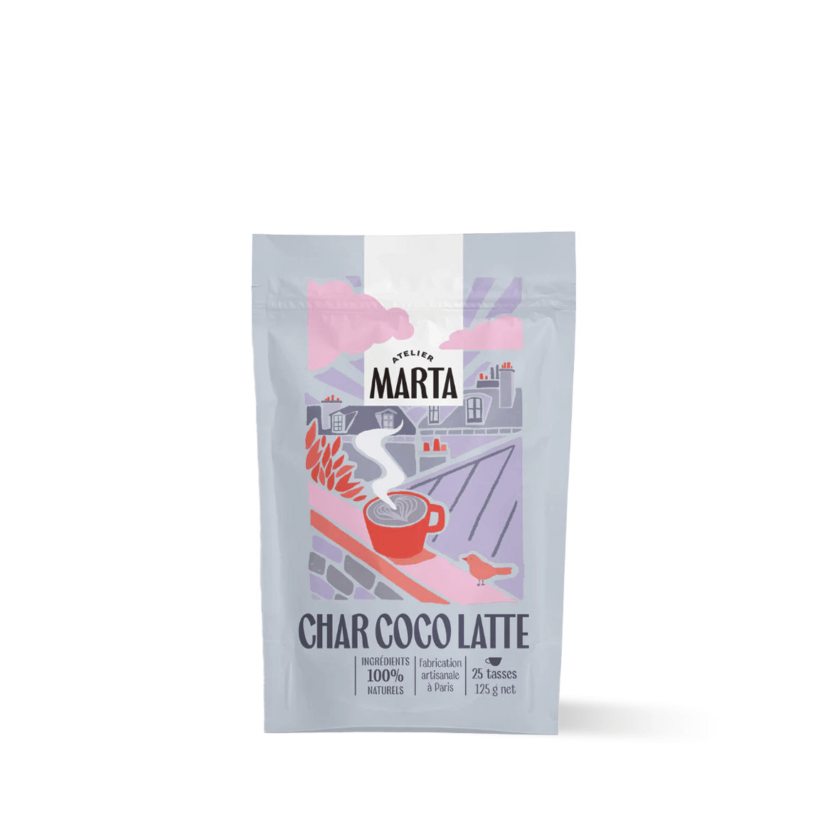 Char-coco Latte packaging from Atelier Marta featuring a rich beverage illustration.