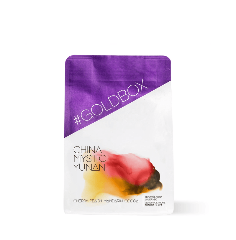 China Mystic Yunan Specialty Coffee packaging with vibrant design and #goldbox label.