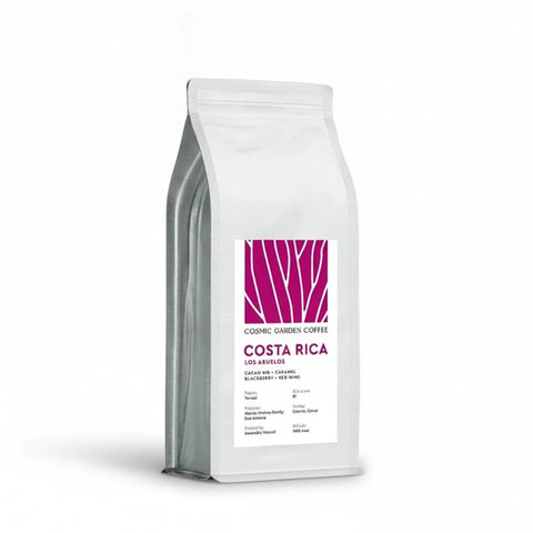 Cosmic Garden Coffee Costa Rica Los Abuelos specialty coffee pouch with brown sugar and toasted almond notes