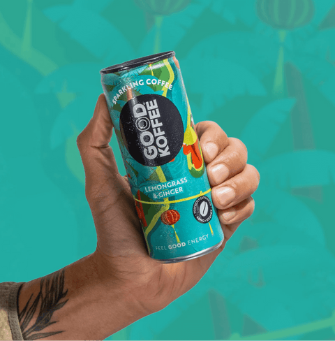 Hand holding a can of Lemongrass & Ginger Sparkling Coffee - Vietnam by Good Koffee