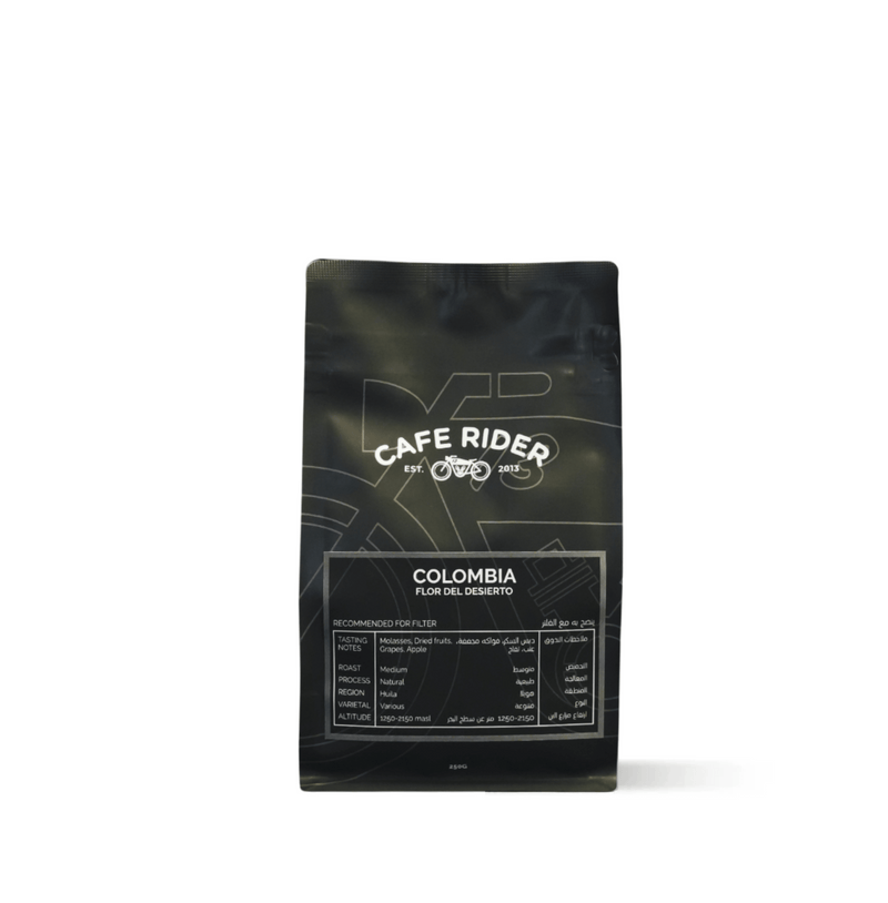 Colombia Flor Del Desierto coffee bag from Huila region, crafted by Cuatro Vientos with smallholder producers.