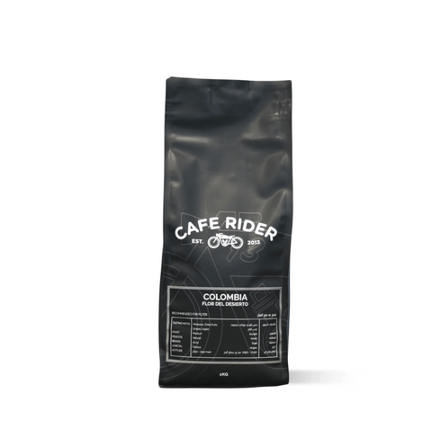 Colombia Flor Del Desierto coffee bag from Cuatro Vientos featuring vibrant natural-process beans from Huila region.