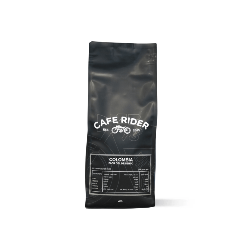 Colombia Flor Del Desierto coffee bag from Cuatro Vientos featuring vibrant natural-process beans from Huila region.