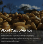 Colombia Flor Del Desierto coffee beans by Cuatro Vientos showcasing natural-process beans from Huila region.