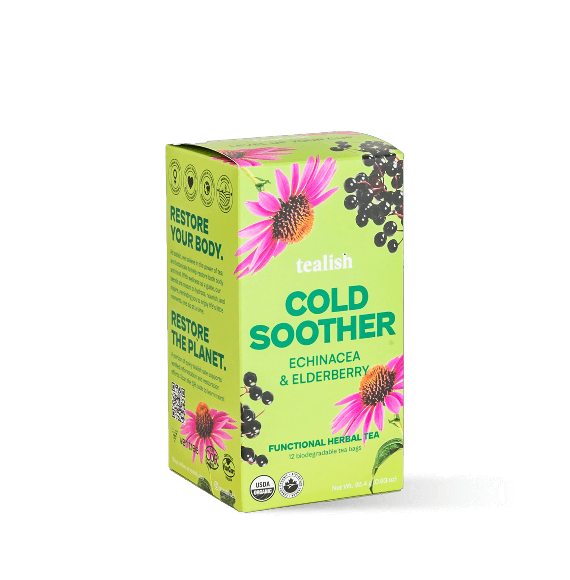 Organic Cold Soother herbal tea with elderberry, echinacea, hibiscus, and rosehip—nourishing, antioxidant-rich, and immune-boosting for soothing relief with a burst of citrus and honey.