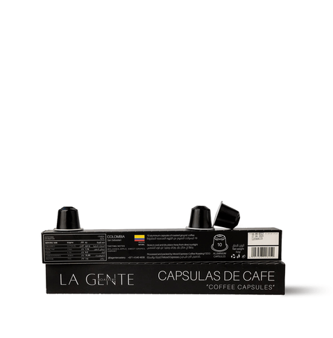 Colombia Caturra Capsules packaging from La Gente, featuring coffee capsules designed for Nespresso machines.