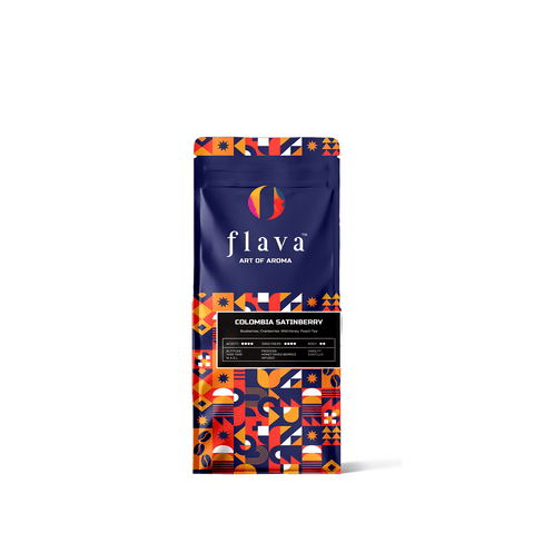 Colombia Satinberry Single Origin Coffee pack from Flava, vibrant design for filter and drip brewing.