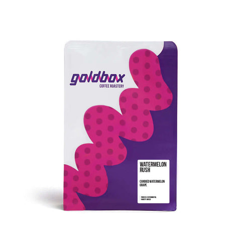 Colombia Watermelon Rush coffee bag from Goldbox, featuring vibrant watermelon graphics and a refined design.