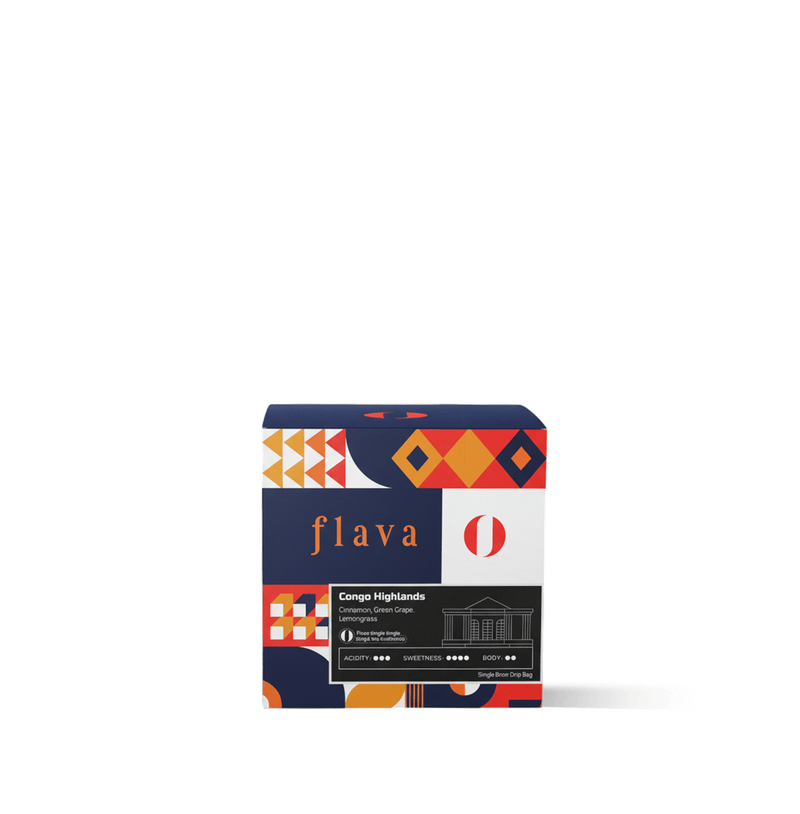 Congo Highland Single Origin Drip Bags packaging with colorful design, offering balanced and soulful Africa-grown coffee.