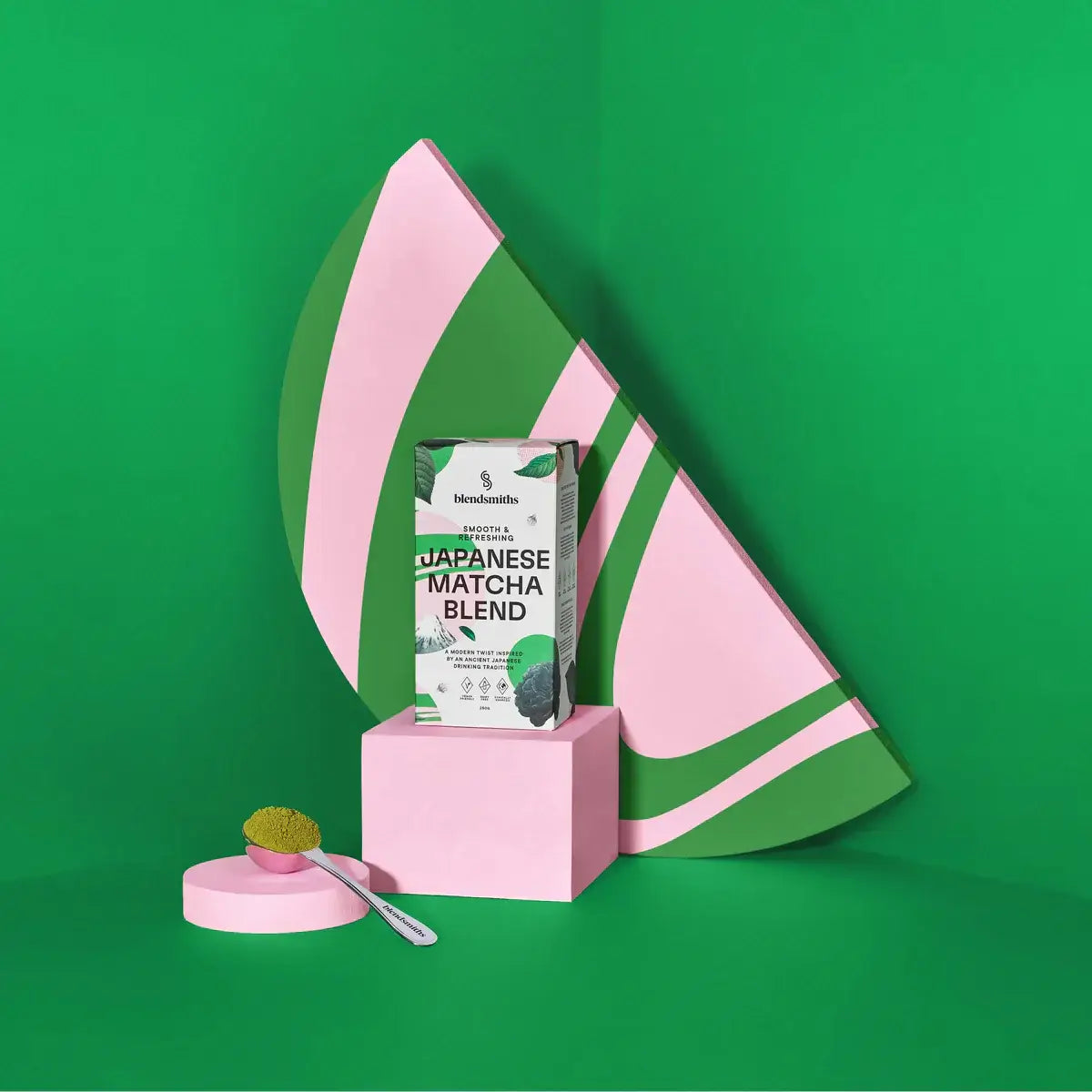 Blendsmiths Japanese Matcha Blend packaging, featuring a smooth and refreshing premium matcha drink inspired by ancient Japanese traditions. The 250g box showcases a modern design with pastel pink and green tones.