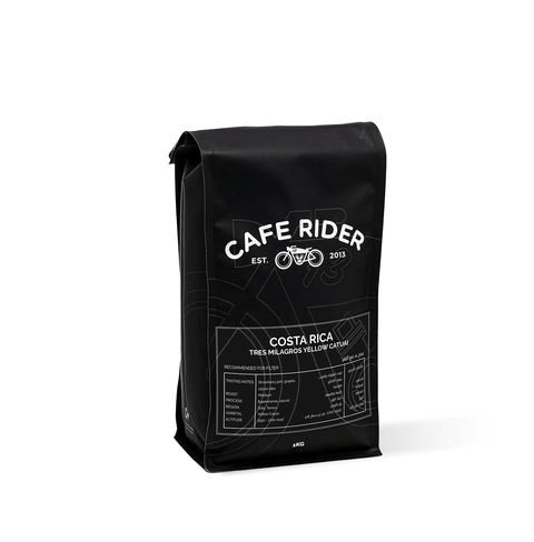 Cafe Rider Roastery's Costa Rica Tres Milagros Yellow Catuai coffee with strawberry jam, grapes, and cacao nibs notes, grown in Dota, Tarrazu.