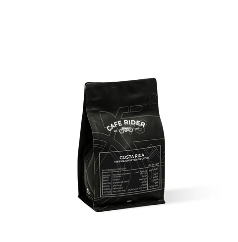 Cafe Rider Roastery's Costa Rica Tres Milagros Yellow Catuai coffee with strawberry jam, grapes, and cacao nibs notes, grown in Dota, Tarrazu.