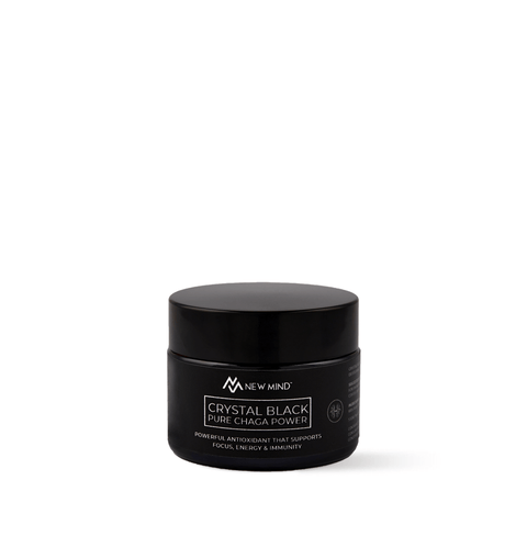 Crystal Black Chaga Extract container showcasing natural health benefits and potent ingredients.