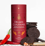 Dream Ceremony ceremonial cacao brew packaging with Cayenne Pepper & Himalayan Salt, featuring a bold red design with celestial gold accents.