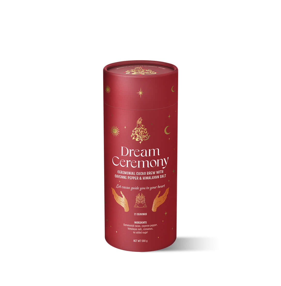 Dream Ceremony ceremonial cacao brew packaging with Cayenne Pepper & Himalayan Salt, featuring a bold red design with celestial gold accents.