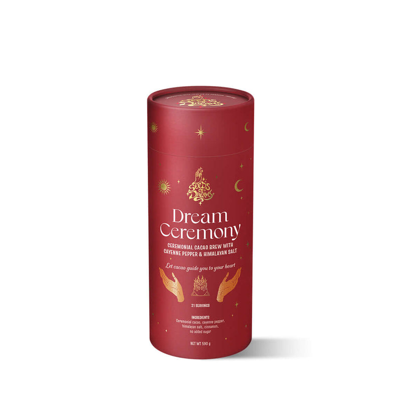 Dream Ceremony ceremonial cacao brew packaging with Cayenne Pepper & Himalayan Salt, featuring a bold red design with celestial gold accents.