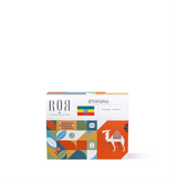 Colorful box of Drip Bag Box - Ethiopia coffee with vibrant patterns and Ethiopian flag, showcasing premium coffee origins.