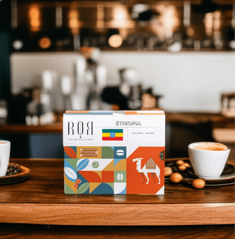 Drip Bag Box - Ethiopia on cafe counter with coffee cups